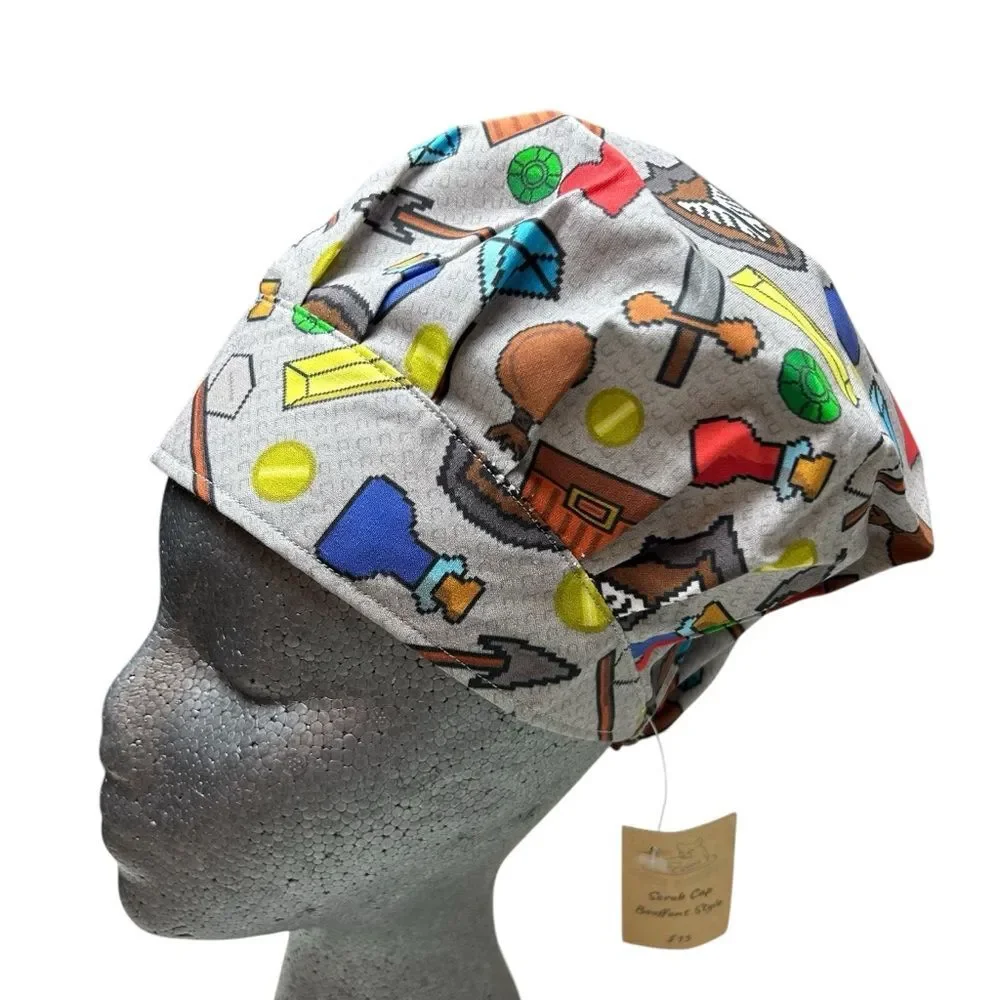 Scrub Cap Bouffant Style Elastic Back Vintage Gamer Pixel Handmade